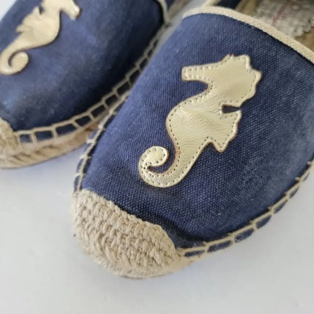 Lilly Pulitzer Lia Espadrilles Seahorse Flat Shoes Womens Size 9 Blue Canvas